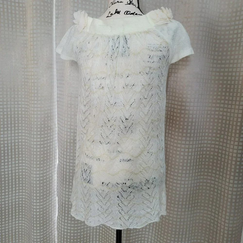 Kersh Ivory Boat Neck Crochet-ish Flared Hem Tunic Top - Size Medium